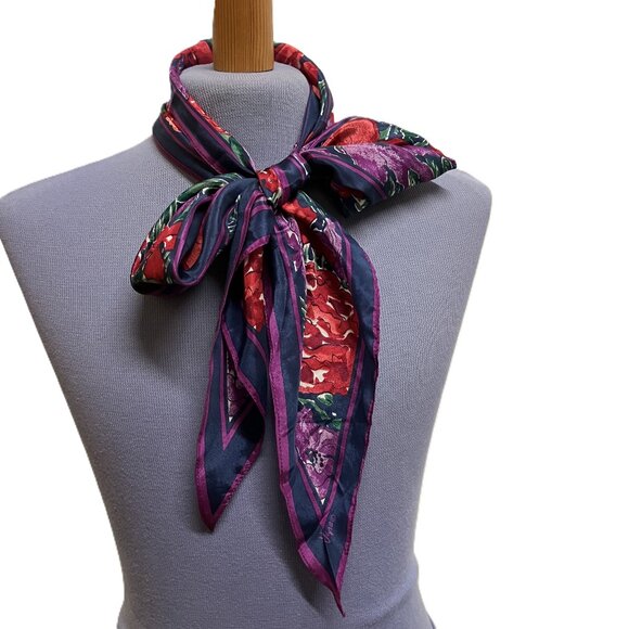Vera Neumann Floral Print Silky Scarf Blue Purple Vintage Hair Bow Tie Headband - Picture 4 of 5